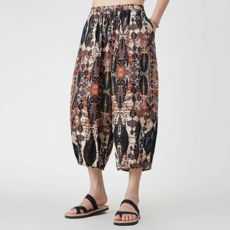 Nimara Ritual Summer Square Patchwork Elephant Mandala Geometry Cotton Linen Men's 7-8 Length Pants With Pockets