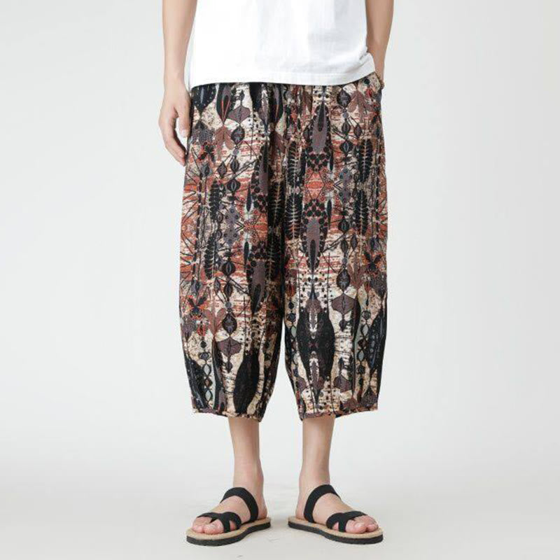 Nimara Ritual Summer Square Patchwork Elephant Mandala Geometry Cotton Linen Men's 7-8 Length Pants With Pockets