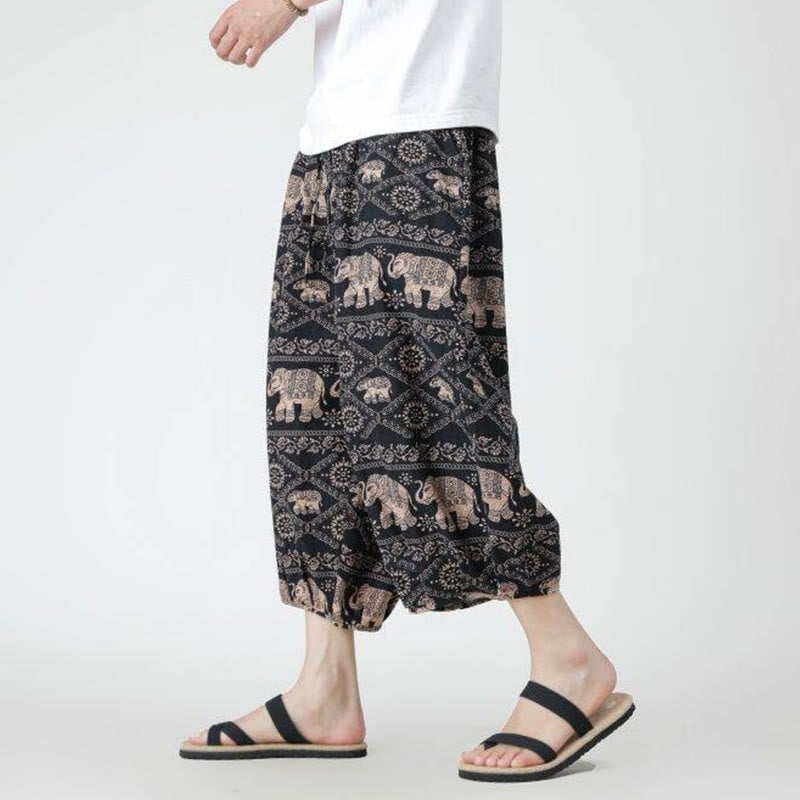 Nimara Ritual Summer Square Patchwork Elephant Mandala Geometry Cotton Linen Men's 7-8 Length Pants With Pockets
