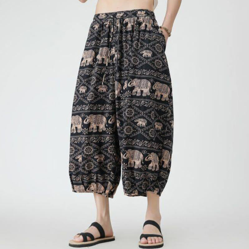 Nimara Ritual Summer Square Patchwork Elephant Mandala Geometry Cotton Linen Men's 7-8 Length Pants With Pockets
