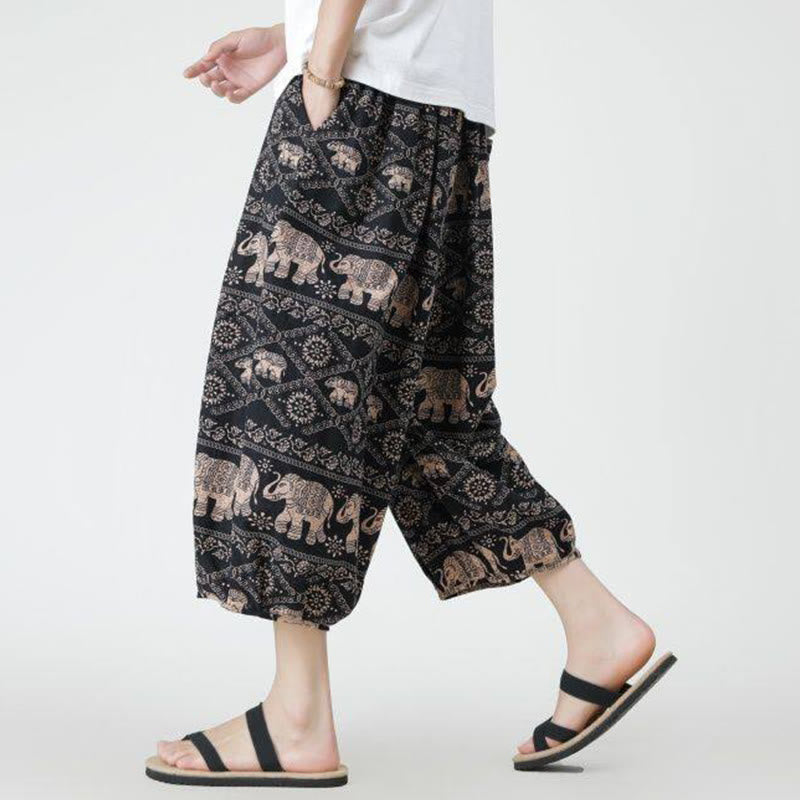 Nimara Ritual Summer Square Patchwork Elephant Mandala Geometry Cotton Linen Men's 7-8 Length Pants With Pockets