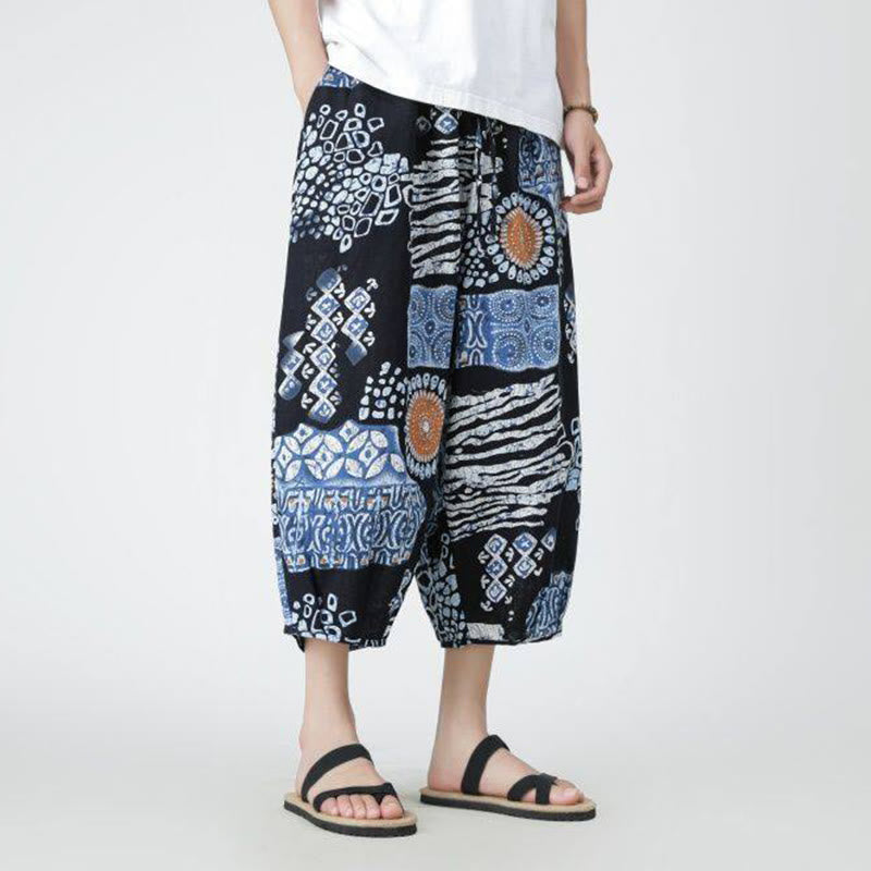Nimara Ritual Summer Square Patchwork Elephant Mandala Geometry Cotton Linen Men's 7-8 Length Pants With Pockets