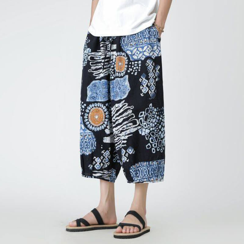 Nimara Ritual Summer Square Patchwork Elephant Mandala Geometry Cotton Linen Men's 7-8 Length Pants With Pockets