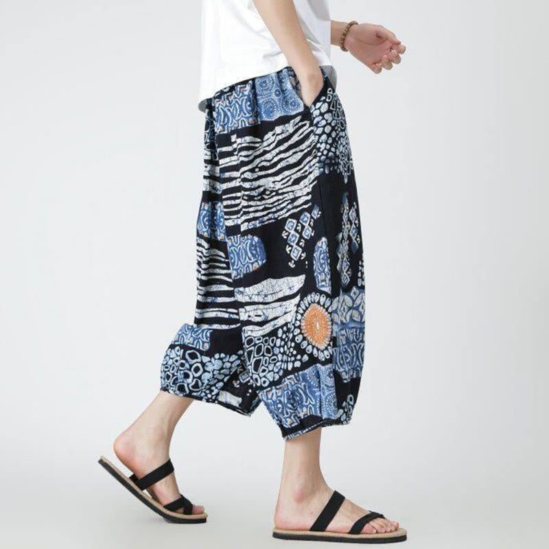 Nimara Ritual Summer Square Patchwork Elephant Mandala Geometry Cotton Linen Men's 7-8 Length Pants With Pockets