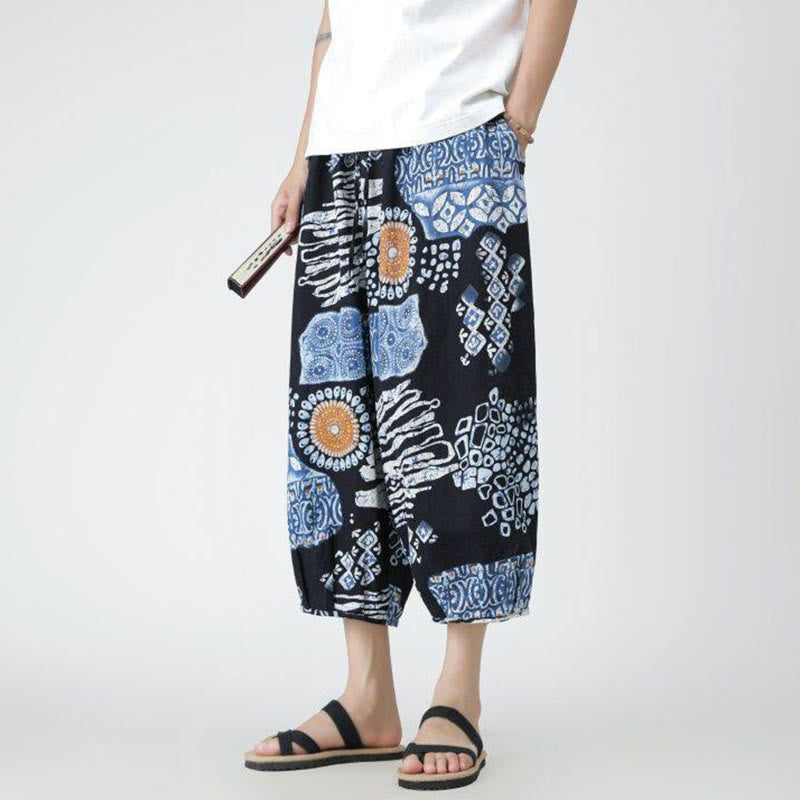 Nimara Ritual Summer Square Patchwork Elephant Mandala Geometry Cotton Linen Men's 7-8 Length Pants With Pockets