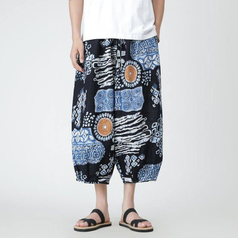 Nimara Ritual Summer Square Patchwork Elephant Mandala Geometry Cotton Linen Men's 7-8 Length Pants With Pockets