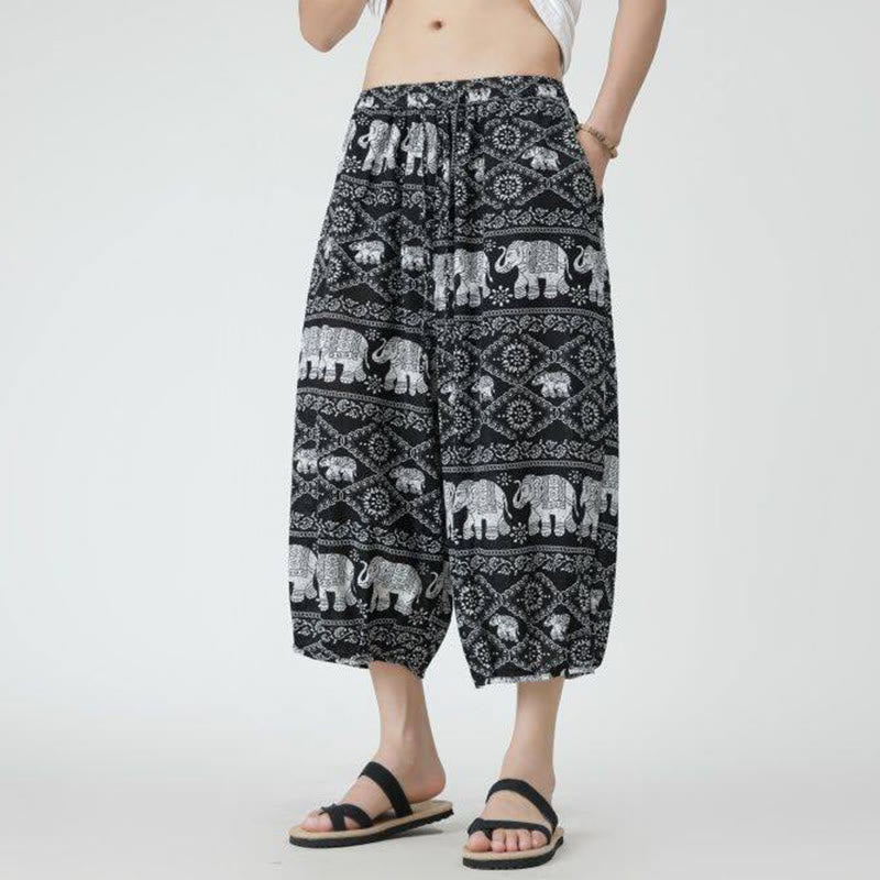 Nimara Ritual Summer Square Patchwork Elephant Mandala Geometry Cotton Linen Men's 7-8 Length Pants With Pockets