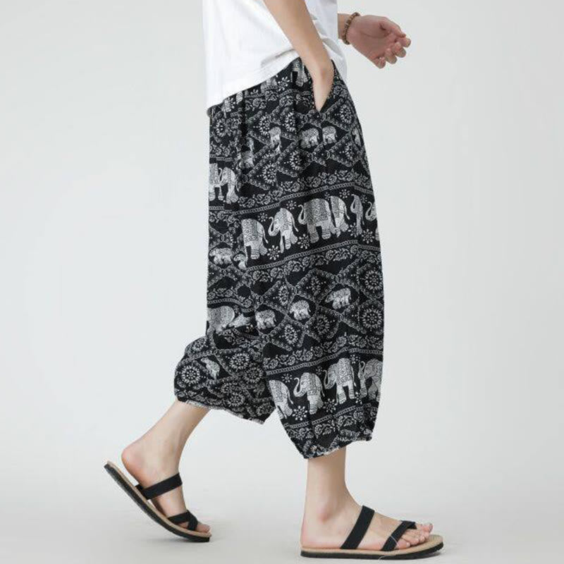 Nimara Ritual Summer Square Patchwork Elephant Mandala Geometry Cotton Linen Men's 7-8 Length Pants With Pockets