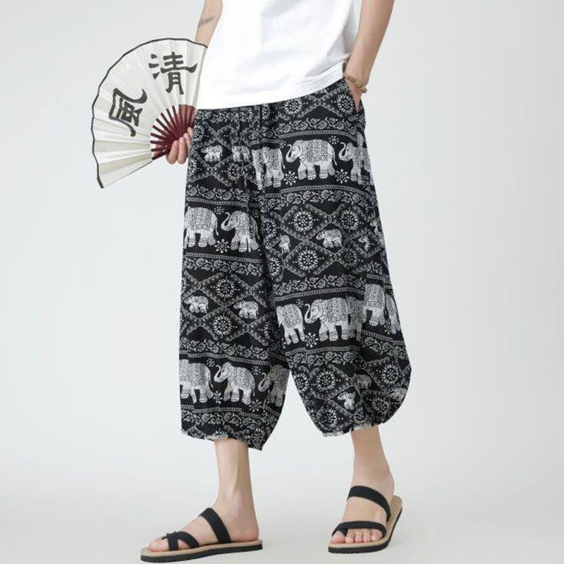 Nimara Ritual Summer Square Patchwork Elephant Mandala Geometry Cotton Linen Men's 7-8 Length Pants With Pockets
