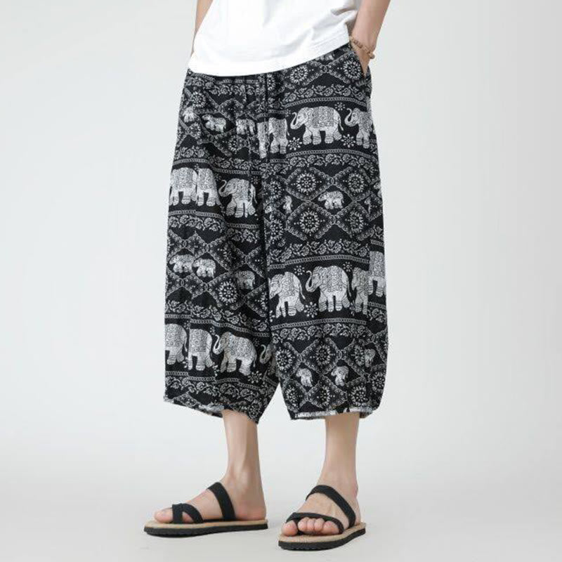 Nimara Ritual Summer Square Patchwork Elephant Mandala Geometry Cotton Linen Men's 7-8 Length Pants With Pockets