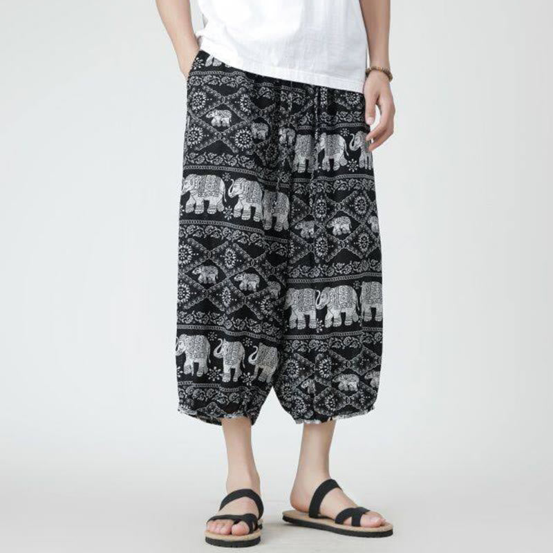Nimara Ritual Summer Square Patchwork Elephant Mandala Geometry Cotton Linen Men's 7-8 Length Pants With Pockets