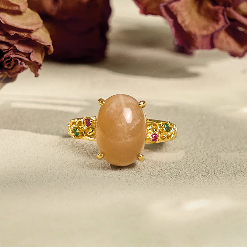 Nimara Ritual Hollow Vine Design Peach Moonstone Adjustable Happiness Ring