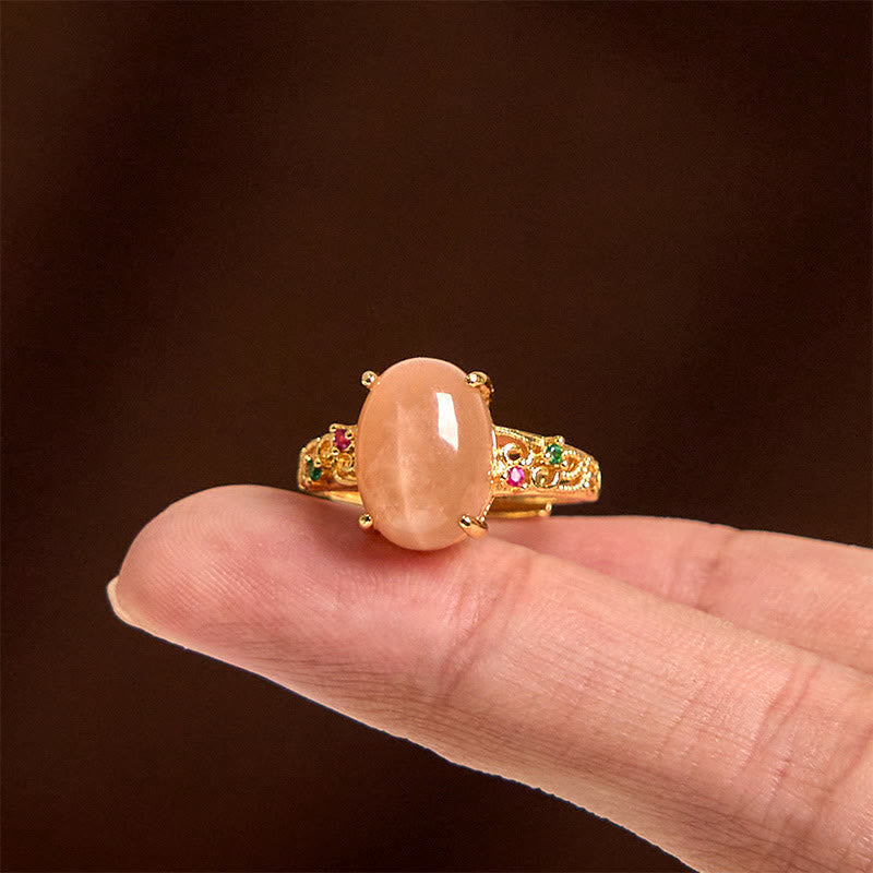 Nimara Ritual Hollow Vine Design Peach Moonstone Adjustable Happiness Ring