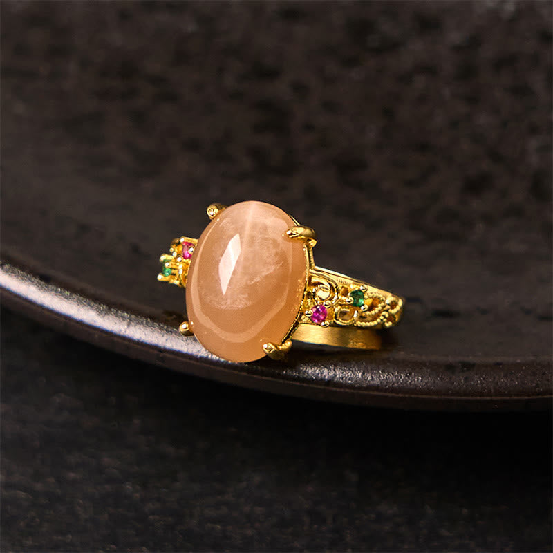 Nimara Ritual Hollow Vine Design Peach Moonstone Adjustable Happiness Ring