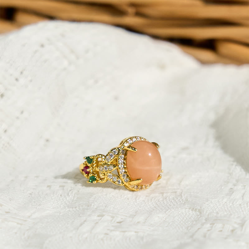 Nimara Ritual Vintage Prong Setting Four Leaf Flower Design Peach Moonstone Adjustable Soothing Ring
