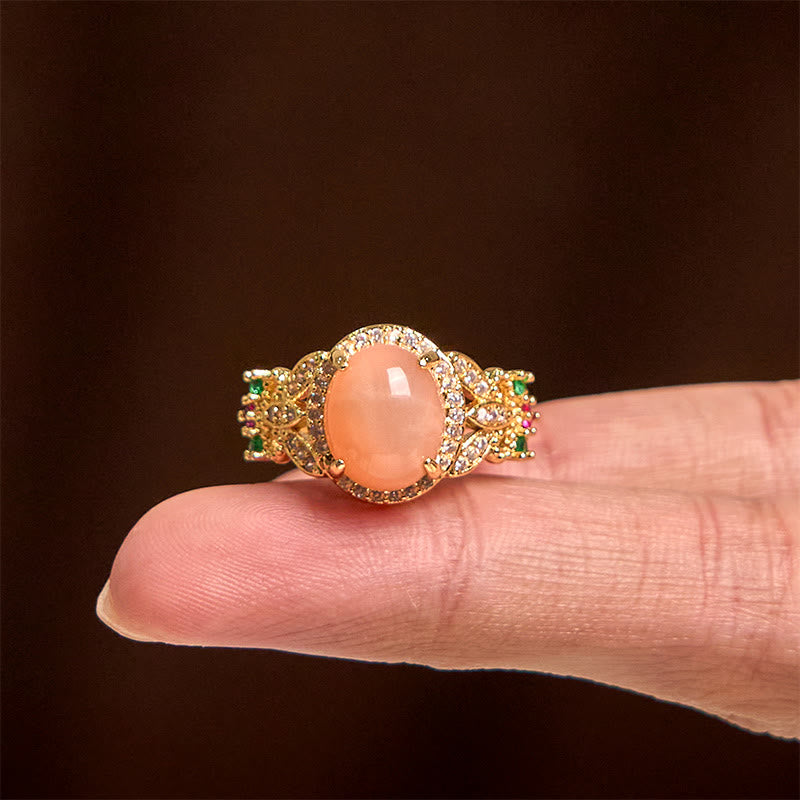 Nimara Ritual Vintage Prong Setting Four Leaf Flower Design Peach Moonstone Adjustable Soothing Ring