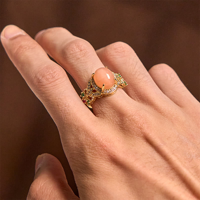 Nimara Ritual Vintage Prong Setting Four Leaf Flower Design Peach Moonstone Adjustable Soothing Ring