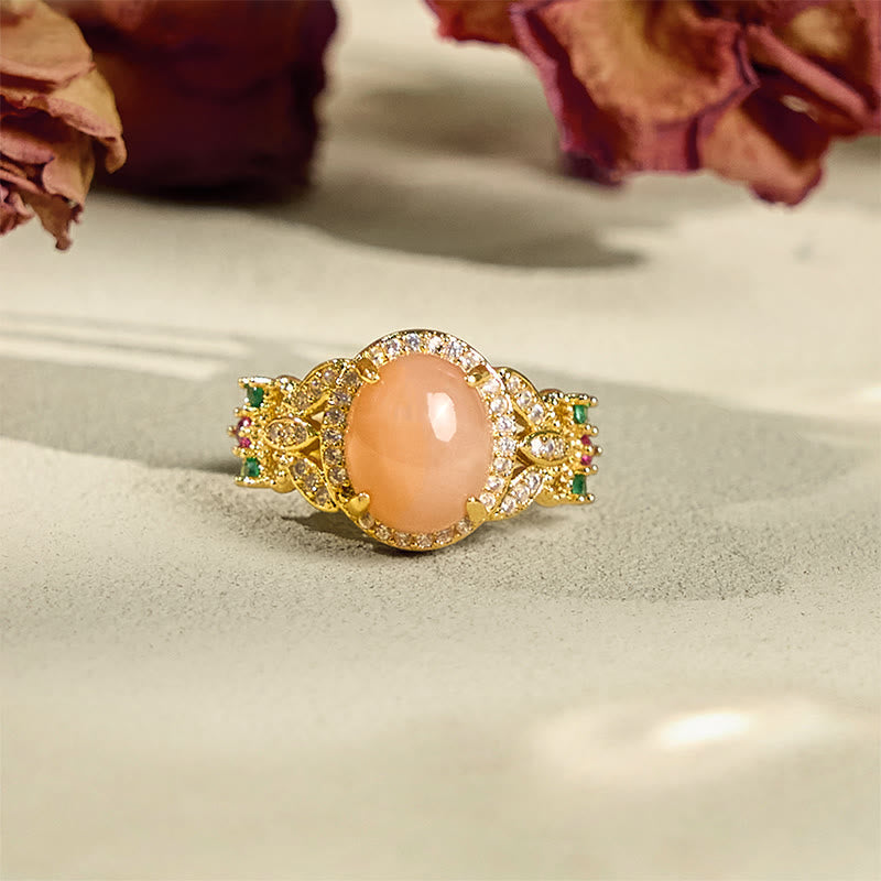 Nimara Ritual Vintage Prong Setting Four Leaf Flower Design Peach Moonstone Adjustable Soothing Ring