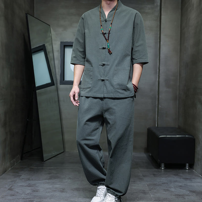 Nimara Ritual 2Pcs Tang Suit Frog-Button Design Shirt Pants With Pockets Men's Cotton Linen Meditation Cloth Set