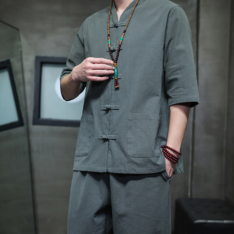 Nimara Ritual 2Pcs Tang Suit Frog-Button Design Shirt Pants With Pockets Men's Cotton Linen Meditation Cloth Set