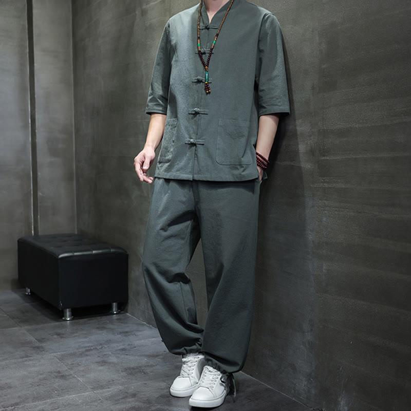 Nimara Ritual 2Pcs Tang Suit Frog-Button Design Shirt Pants With Pockets Men's Cotton Linen Meditation Cloth Set