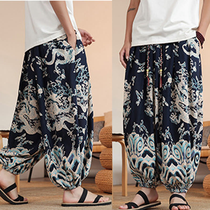 Nimara Ritual Dragon Print Cotton Men's Harem Ankle-Length Pants With Pockets