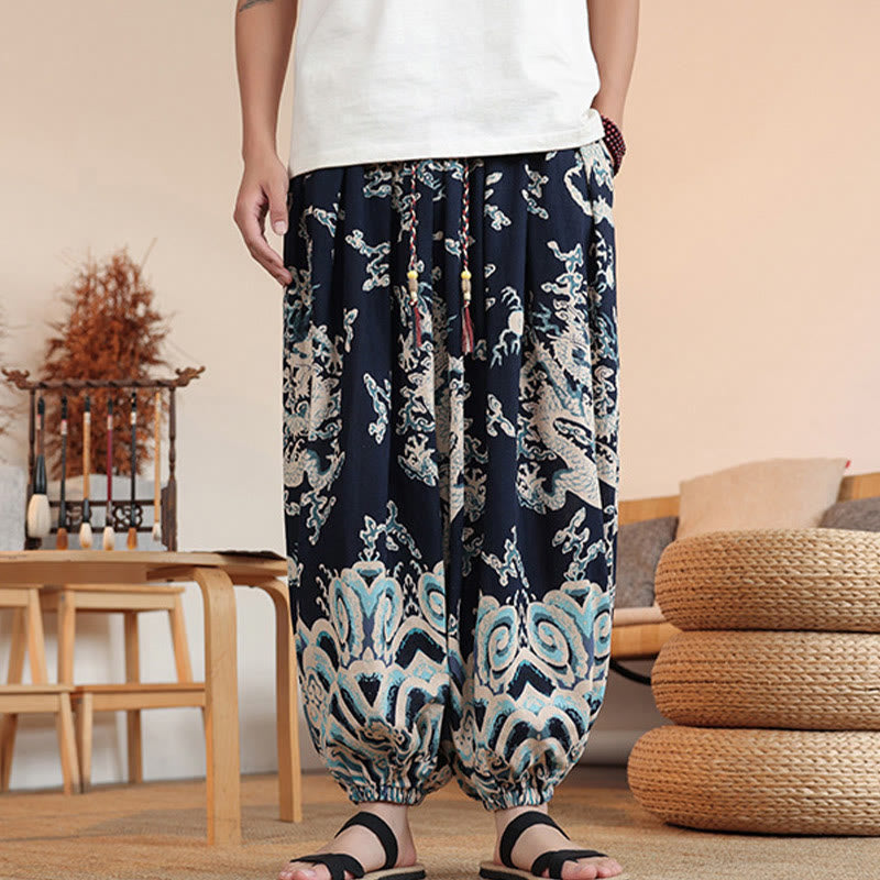 Nimara Ritual Dragon Print Cotton Men's Harem Ankle-Length Pants With Pockets