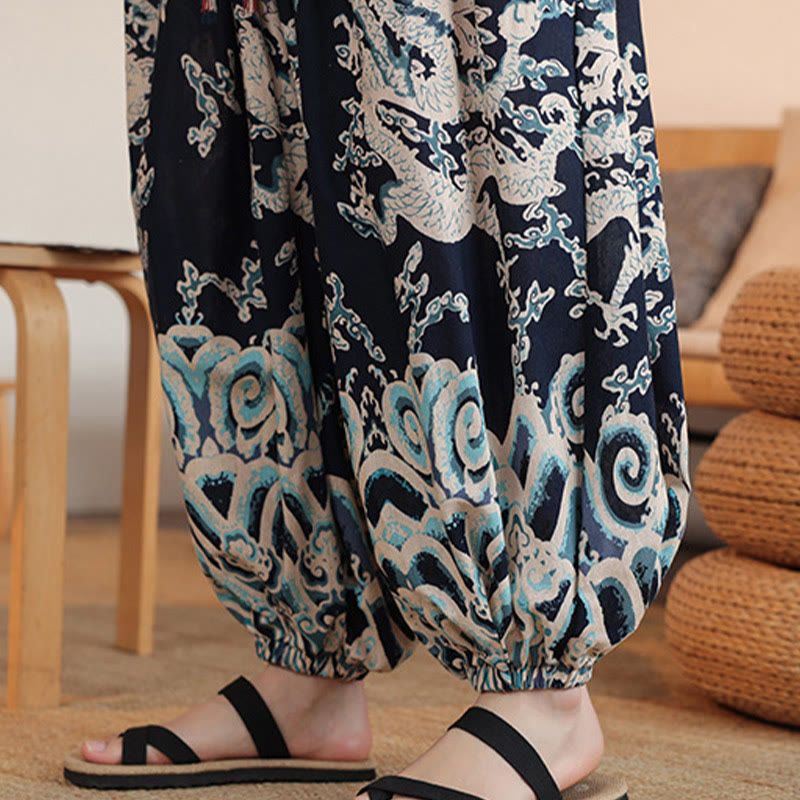 Nimara Ritual Dragon Print Cotton Men's Harem Ankle-Length Pants With Pockets