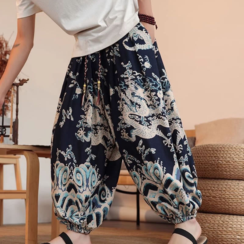 Nimara Ritual Dragon Print Cotton Men's Harem Ankle-Length Pants With Pockets