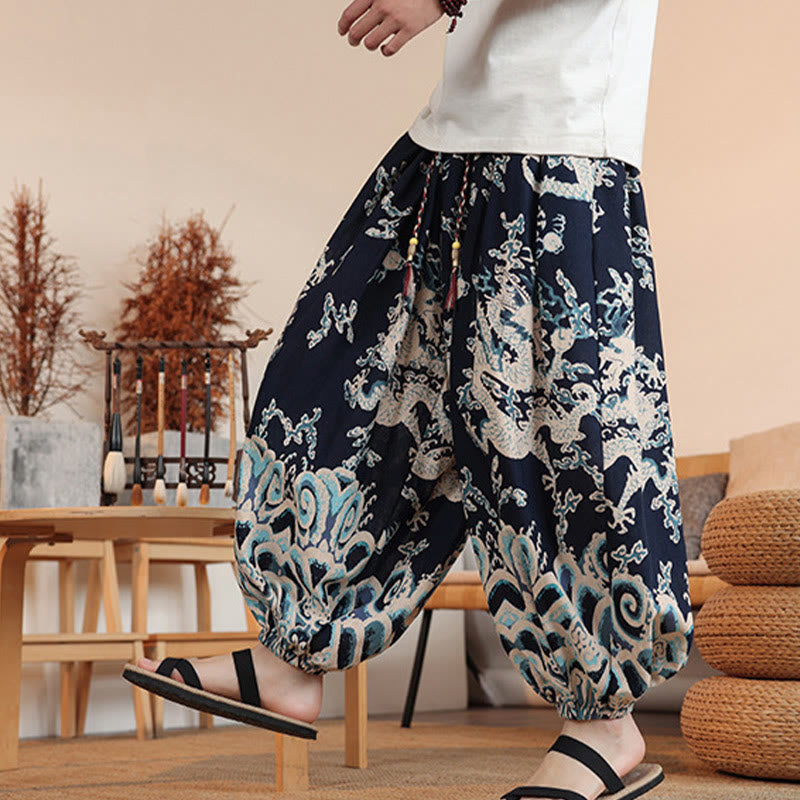 Nimara Ritual Dragon Print Cotton Men's Harem Ankle-Length Pants With Pockets