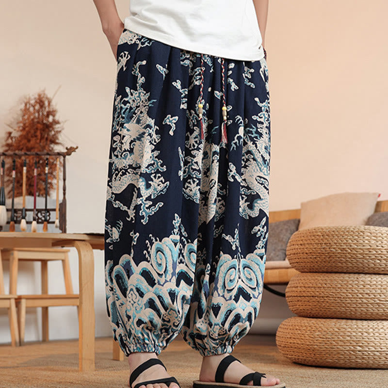 Nimara Ritual Dragon Print Cotton Men's Harem Ankle-Length Pants With Pockets