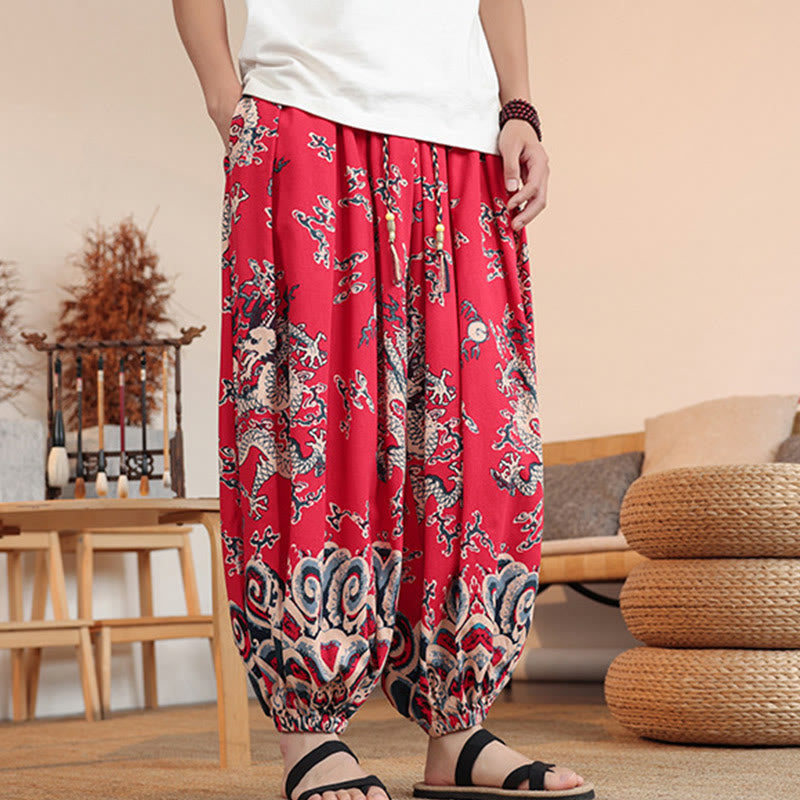 Nimara Ritual Dragon Print Cotton Men's Harem Ankle-Length Pants With Pockets