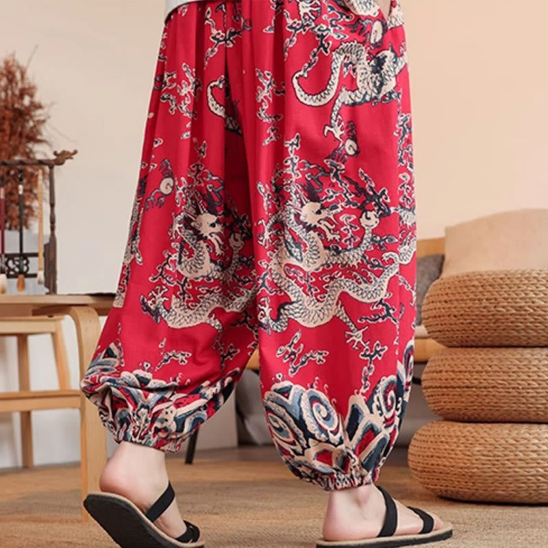 Nimara Ritual Dragon Print Cotton Men's Harem Ankle-Length Pants With Pockets