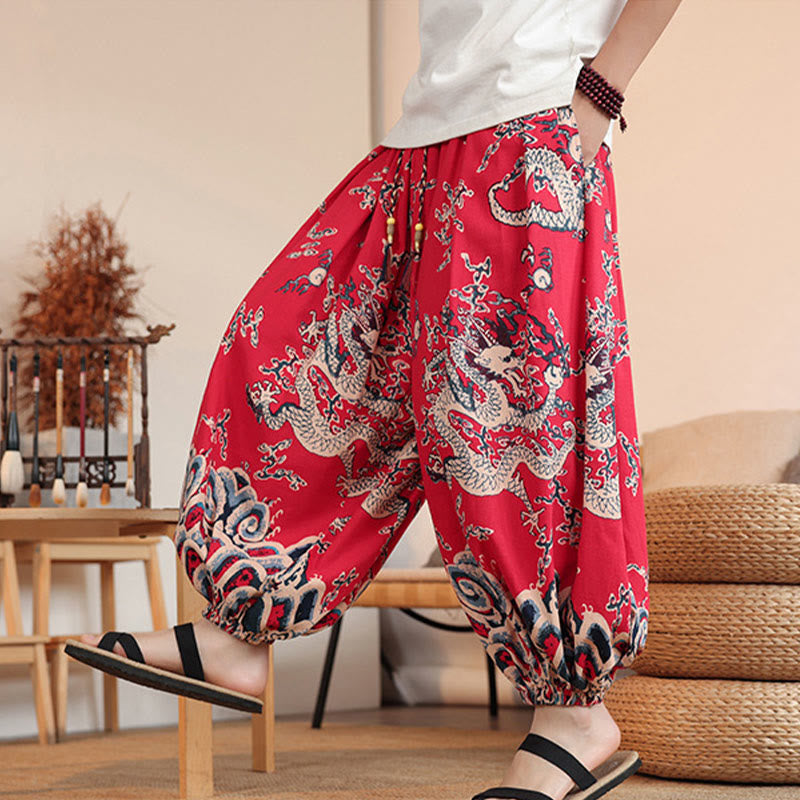 Nimara Ritual Dragon Print Cotton Men's Harem Ankle-Length Pants With Pockets