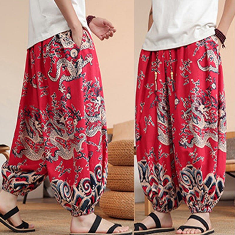 Nimara Ritual Dragon Print Cotton Men's Harem Ankle-Length Pants With Pockets