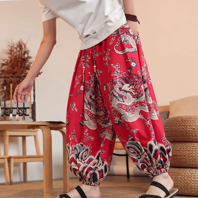 Nimara Ritual Dragon Print Cotton Men's Harem Ankle-Length Pants With Pockets