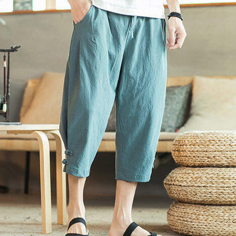 Nimara Ritual Crane Embroidery Cotton Men's Cropped Harem Pants With Pockets