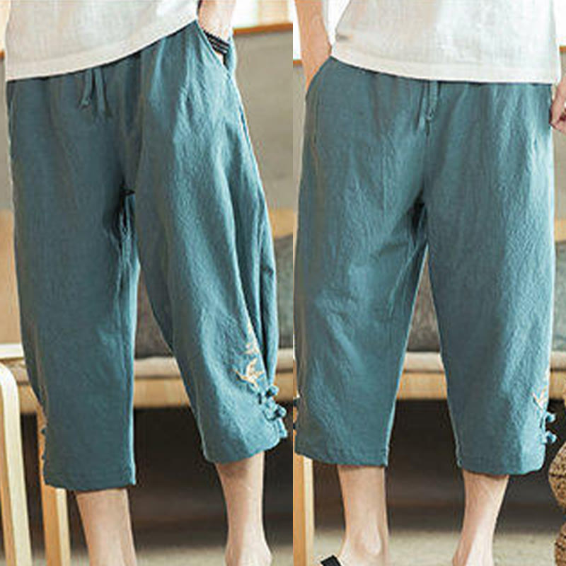 Nimara Ritual Crane Embroidery Cotton Men's Cropped Harem Pants With Pockets