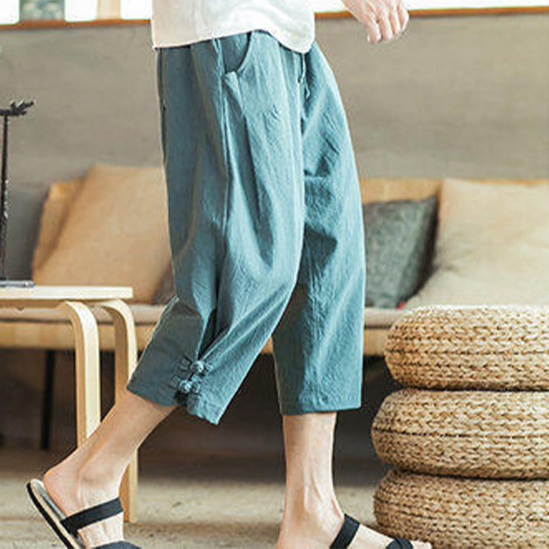 Nimara Ritual Crane Embroidery Cotton Men's Cropped Harem Pants With Pockets