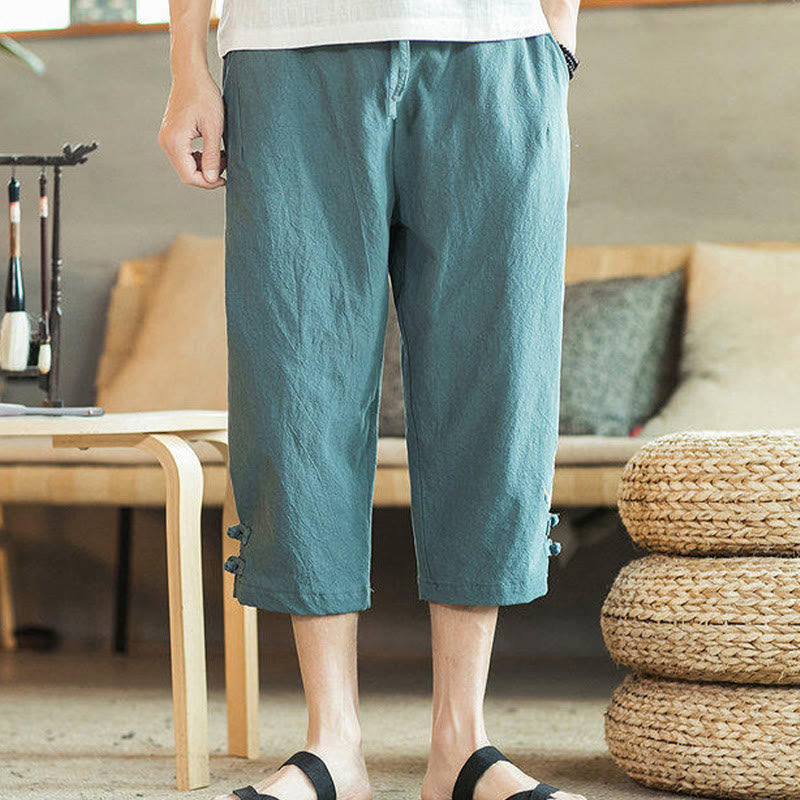Nimara Ritual Crane Embroidery Cotton Men's Cropped Harem Pants With Pockets