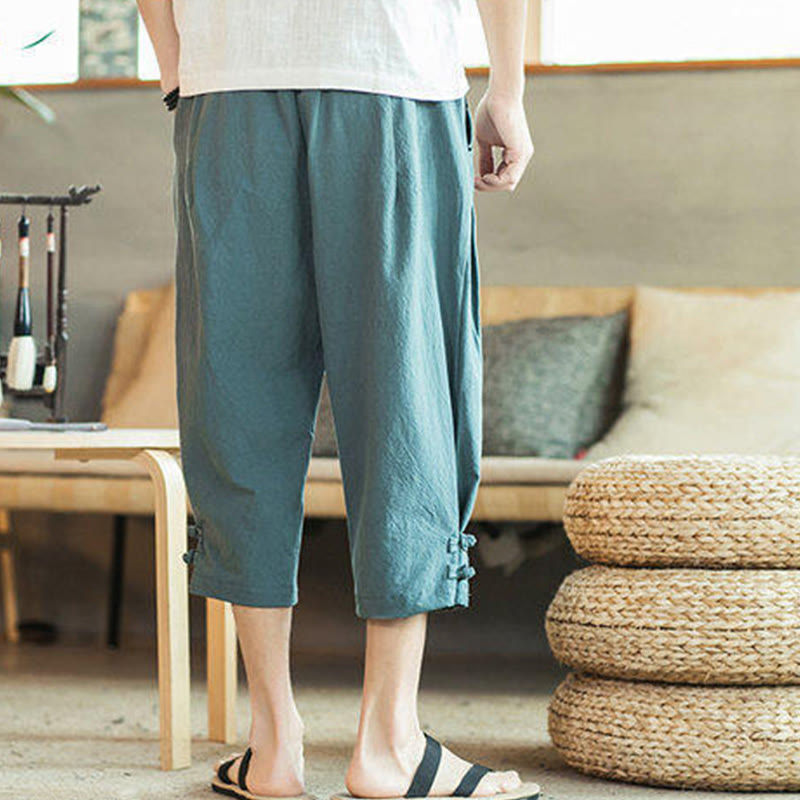 Nimara Ritual Crane Embroidery Cotton Men's Cropped Harem Pants With Pockets