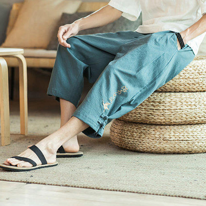 Nimara Ritual Crane Embroidery Cotton Men's Cropped Harem Pants With Pockets