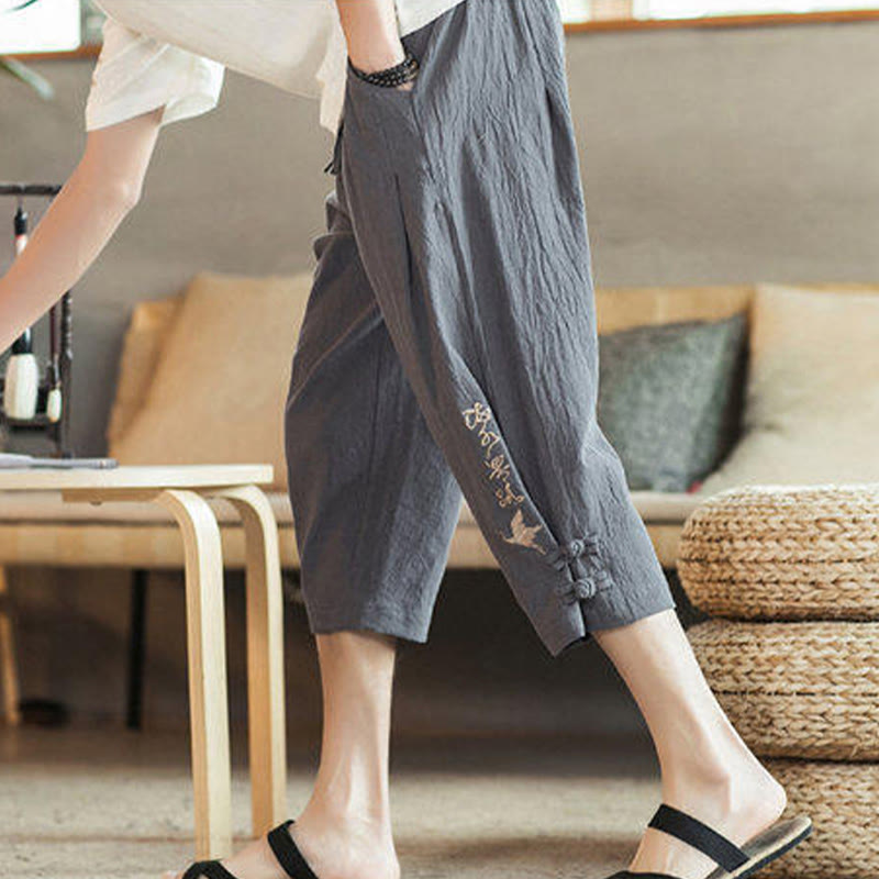 Nimara Ritual Crane Embroidery Cotton Men's Cropped Harem Pants With Pockets