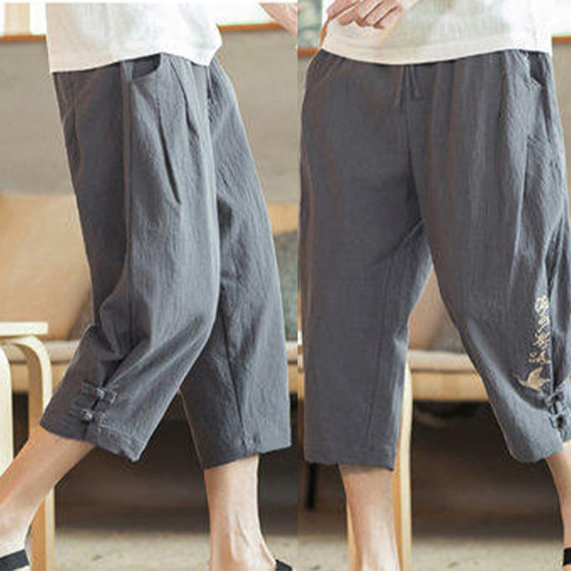 Nimara Ritual Crane Embroidery Cotton Men's Cropped Harem Pants With Pockets