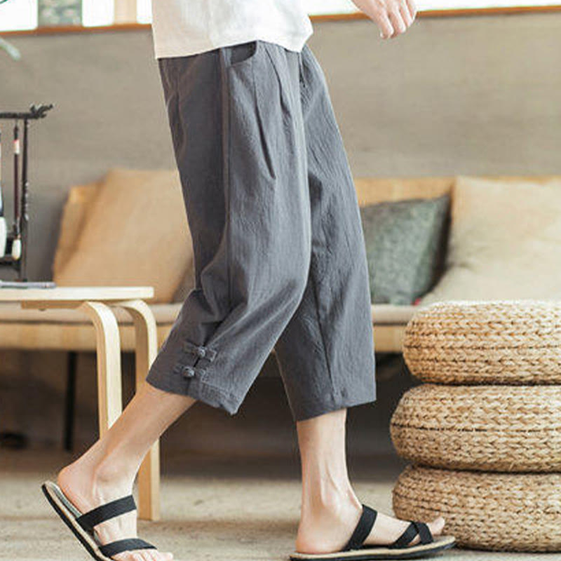 Nimara Ritual Crane Embroidery Cotton Men's Cropped Harem Pants With Pockets