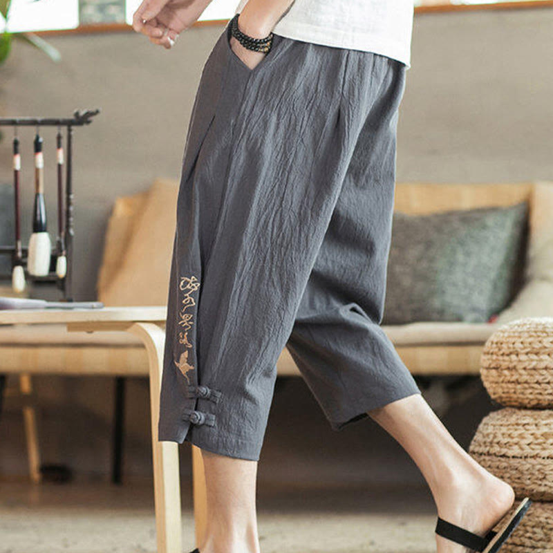 Nimara Ritual Crane Embroidery Cotton Men's Cropped Harem Pants With Pockets