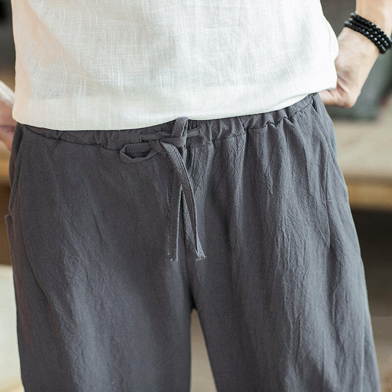 Nimara Ritual Crane Embroidery Cotton Men's Cropped Harem Pants With Pockets
