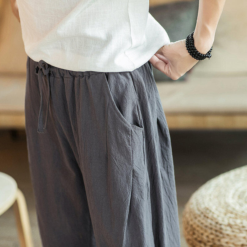 Nimara Ritual Crane Embroidery Cotton Men's Cropped Harem Pants With Pockets