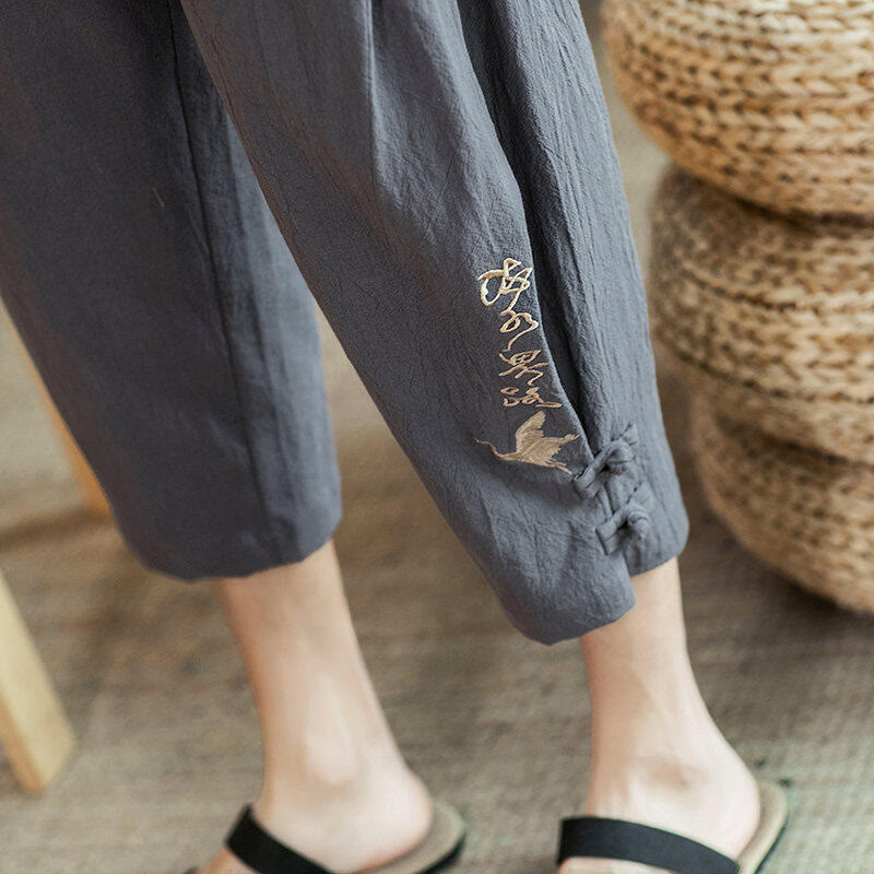 Nimara Ritual Crane Embroidery Cotton Men's Cropped Harem Pants With Pockets