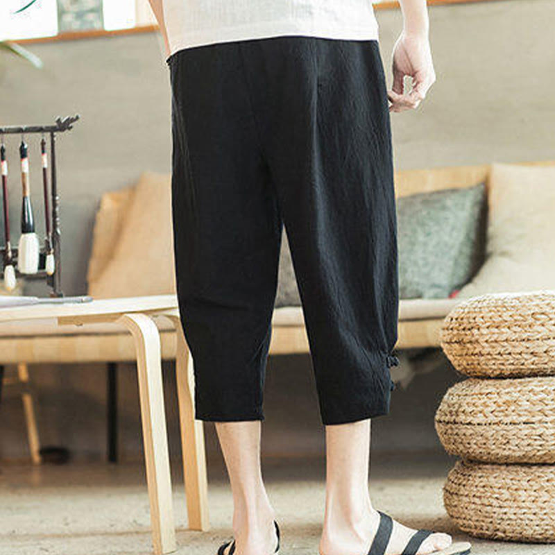Nimara Ritual Crane Embroidery Cotton Men's Cropped Harem Pants With Pockets